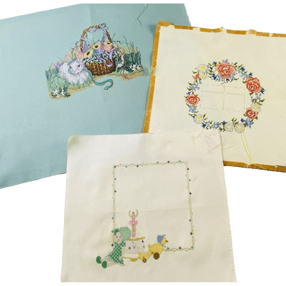 Unfinished‎ Pre-worked Cross Stitch Bundle Lot of 3 Baby Doll Duck Bunny Spring